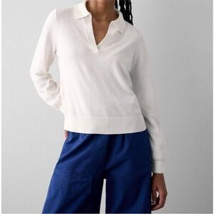 NWOT WHITE + WARREN cotton hemp gauze polo sweater in white size large